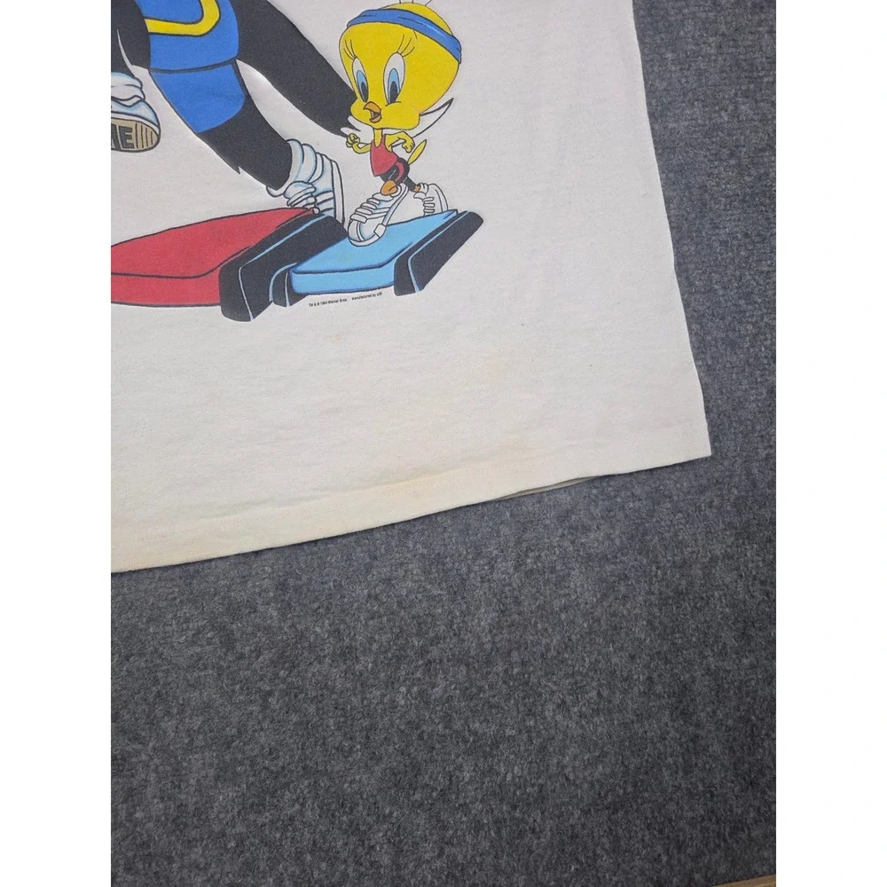 Vintage 90s Looney Tunes T Shirt Mens S White Sylvester Tweety Bird Workout 1994 - Picture 10 of 10